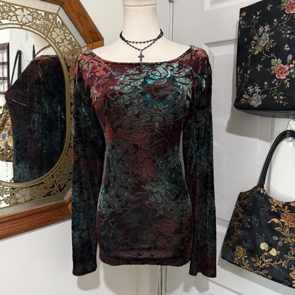 VTG Y2K Chico's Design Shifty Multicolor Velvet Burnout Long Sleeve Whimsy Top
